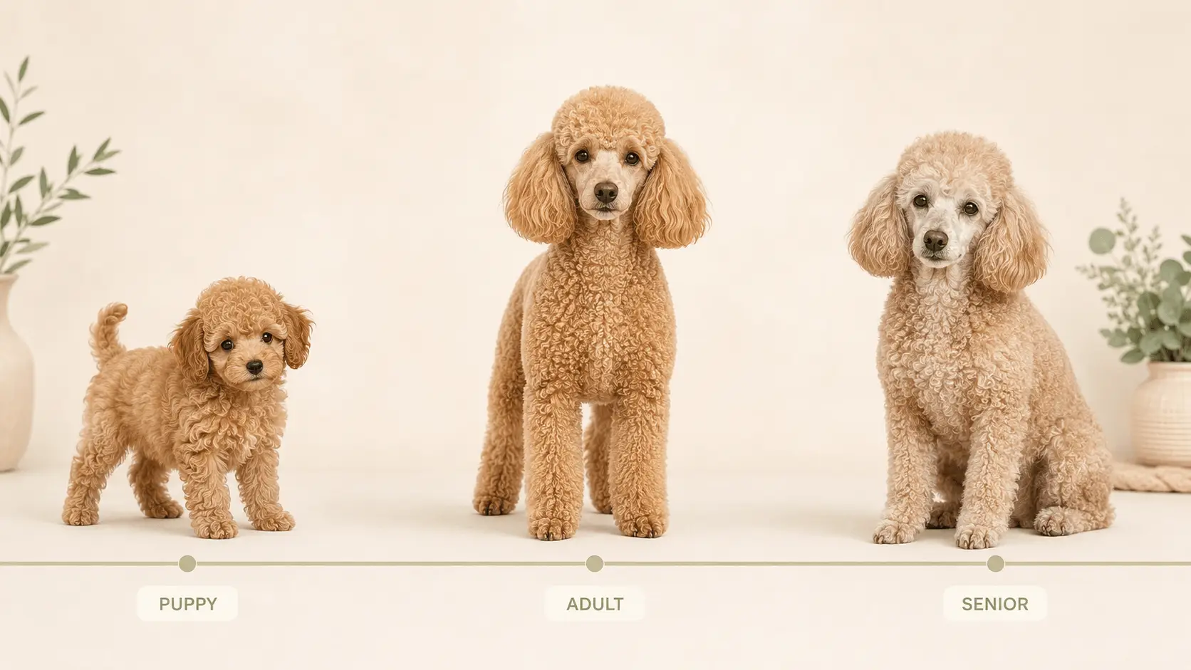 Poodle life stages from puppy to adult to senior.